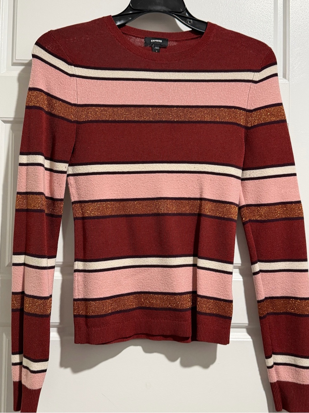 Express Rust Red, Pink & Metallic Stripe Crewneck Sweater